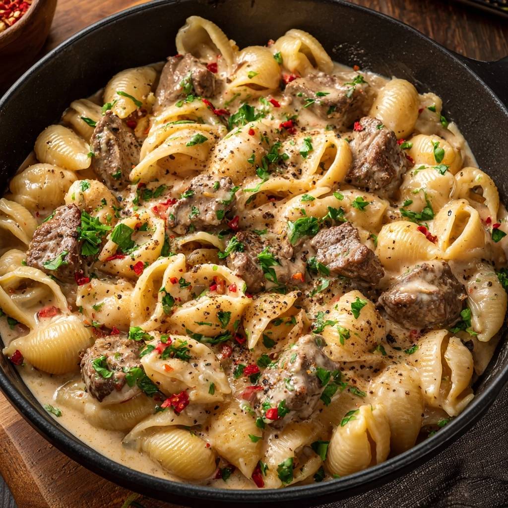 Creamy beef meatball shells dish shown close-up in a cast iron pan with fresh parsley garnish.