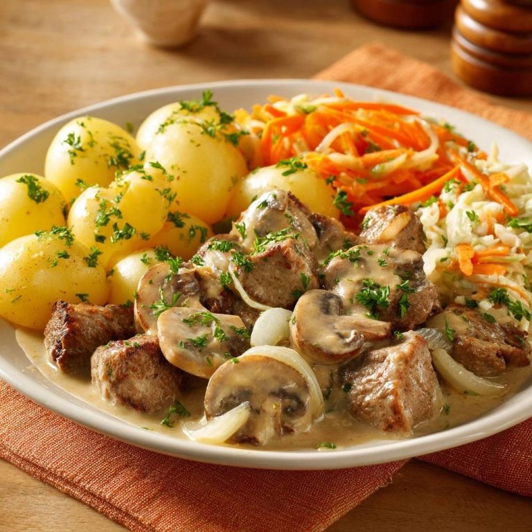 Creamy beef and mushrooms plated meal with boiled potatoes and coleslaw garnish