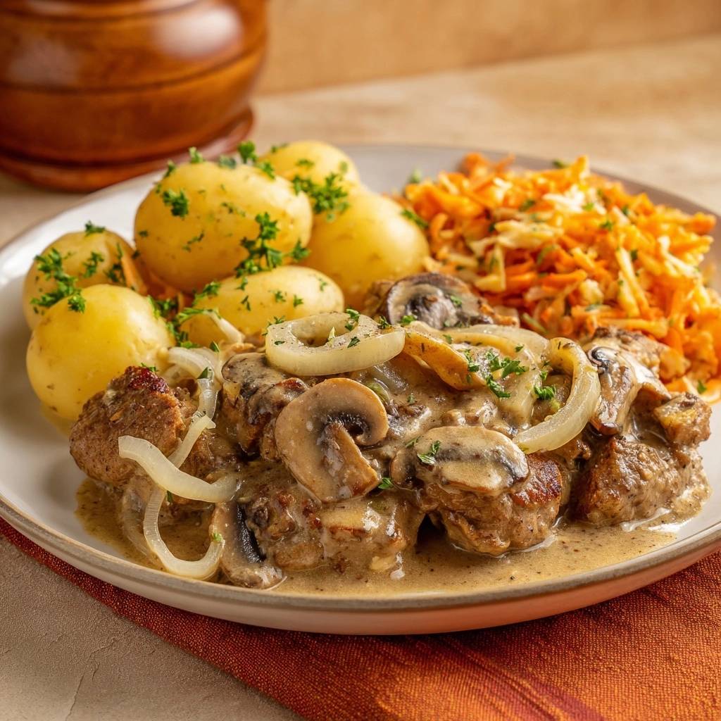 Creamy beef and mushrooms served on a plate with small boiled potatoes and a carrot salad.