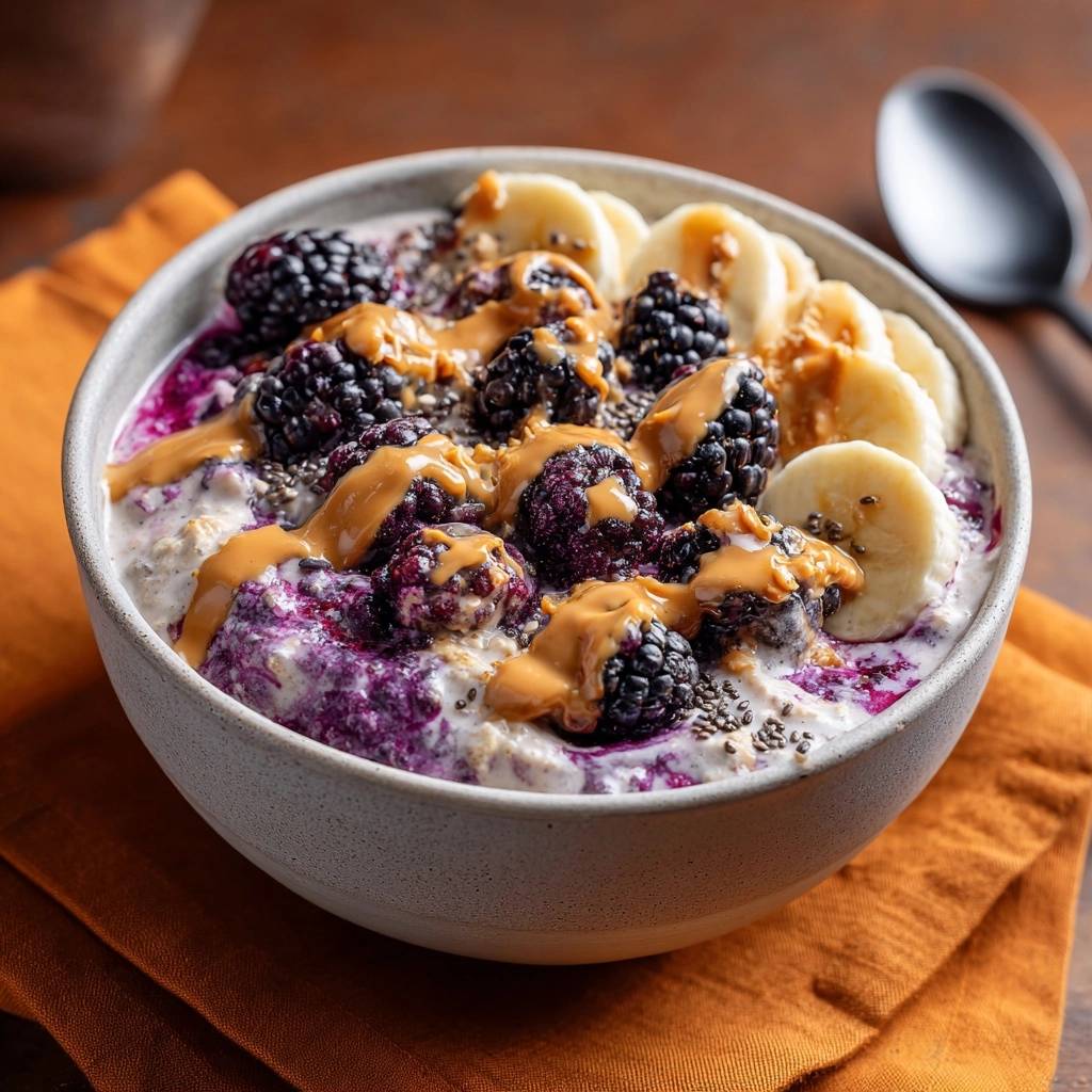 Creamy blackberry peanut butter oatmeal with a detailed topping of fresh blackberries, banana slices, and drizzled peanut butter.
