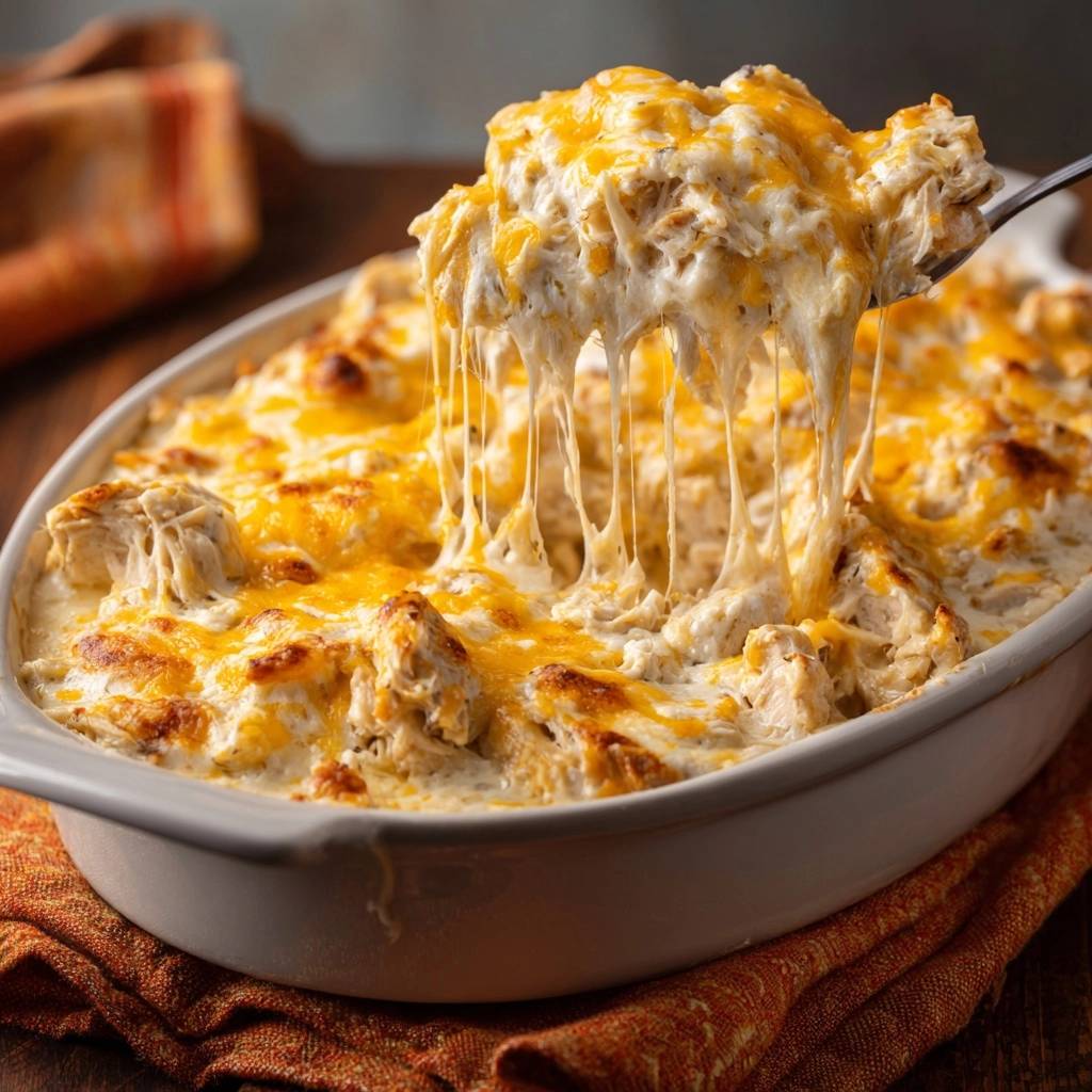 Ultra creamy cheesy chicken casserole with a generous cheese pull as a serving spoon lifts a portion.