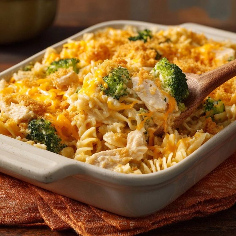 The ultimate creamy chicken broccoli pasta bake shown with a wooden spoon scooping a serving, highlighting melted cheese and pasta.