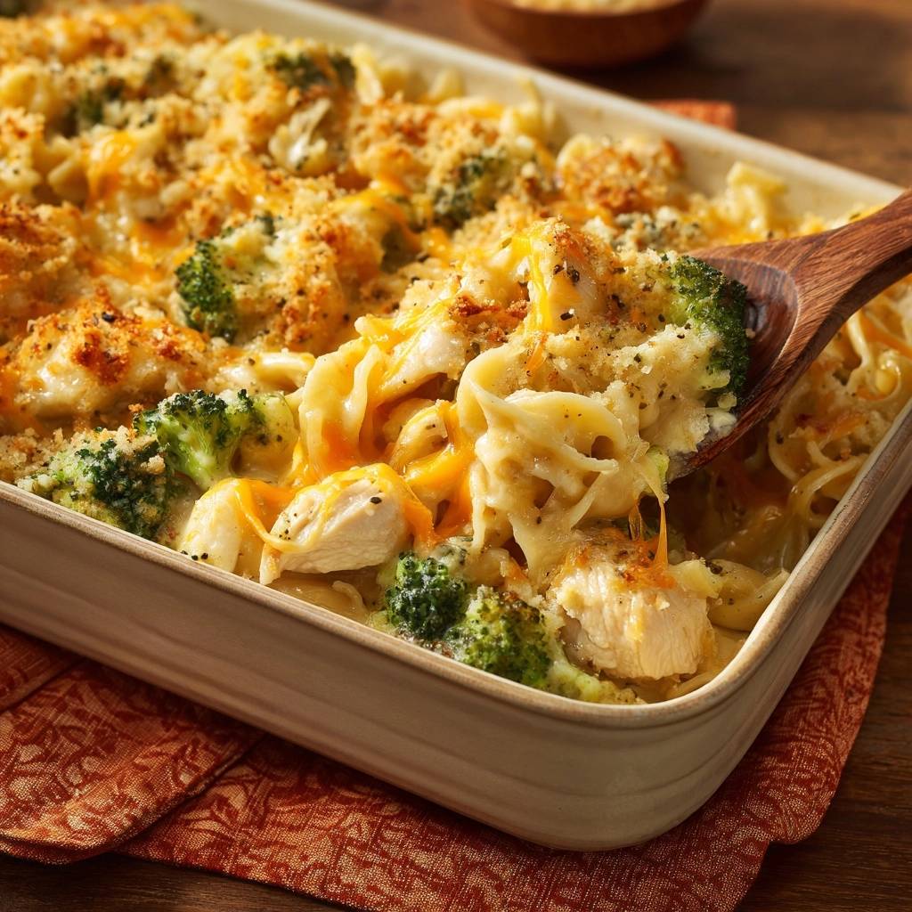 The ultimate creamy chicken broccoli pasta bake being served with a wooden spoon, showing melted cheese and pasta.