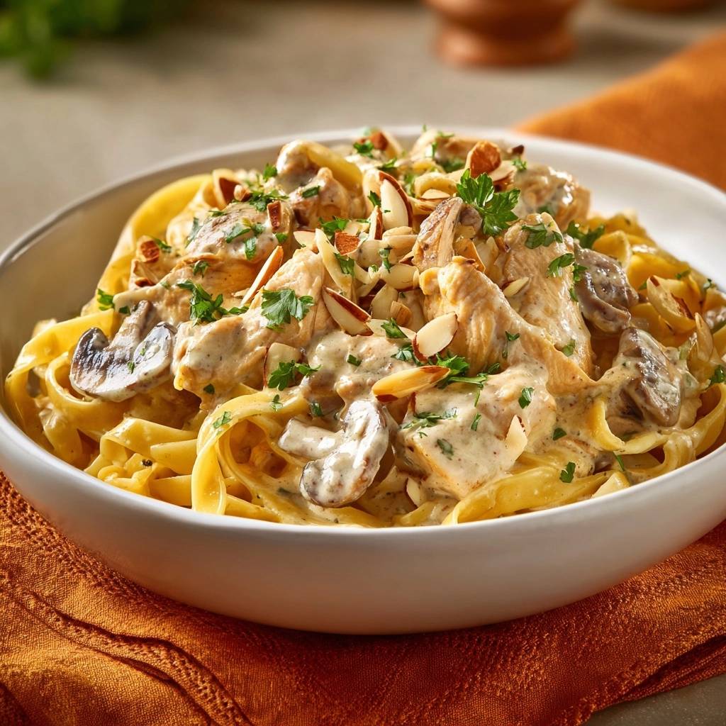 Creamy chicken mushroom fettuccine with thick sauce served in a white bowl, garnished with almonds and parsley.