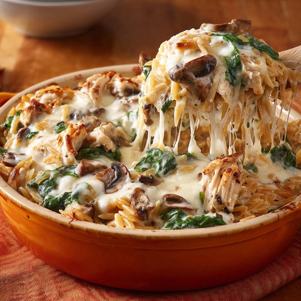 Creamy chicken and mushroom orzo bake with a cheesy pull, showcasing the melted cheese and pasta.