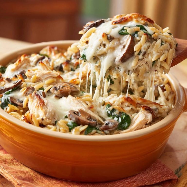 Creamy chicken and mushroom orzo bake with a generous cheesy pull being lifted from the dish.