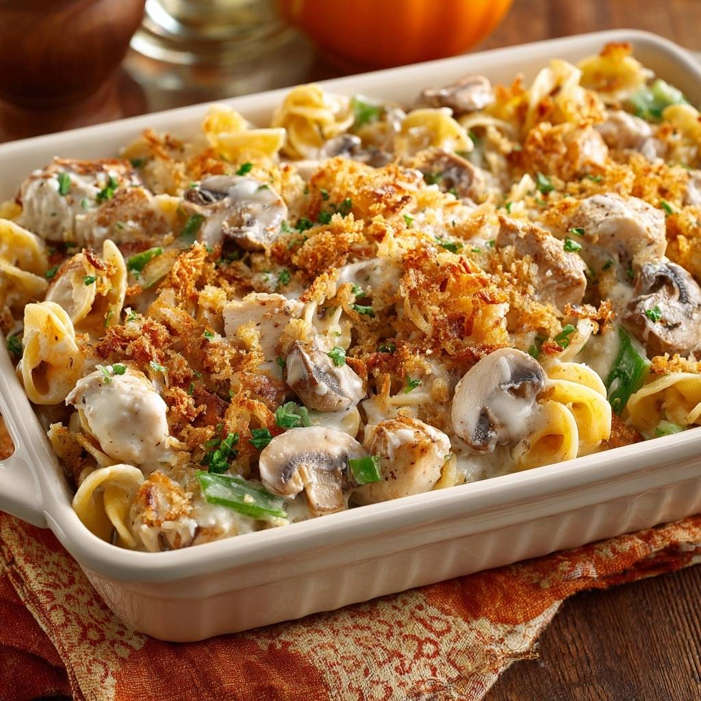 Creamy chicken mushroom rotini bake with crispy topping in a close-up view of the casserole dish.
