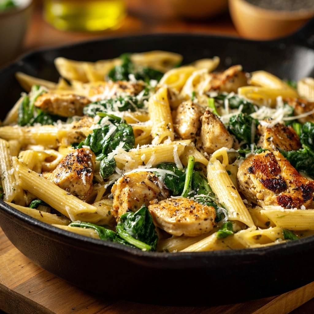Creamy chicken spinach pasta served in a cast iron skillet with grated parmesan cheese.