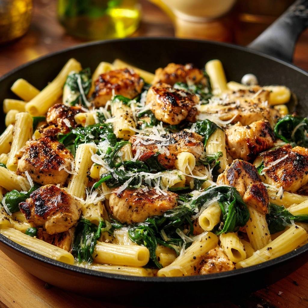 Creamy chicken spinach pasta served in a black skillet with penne pasta and grated parmesan cheese.