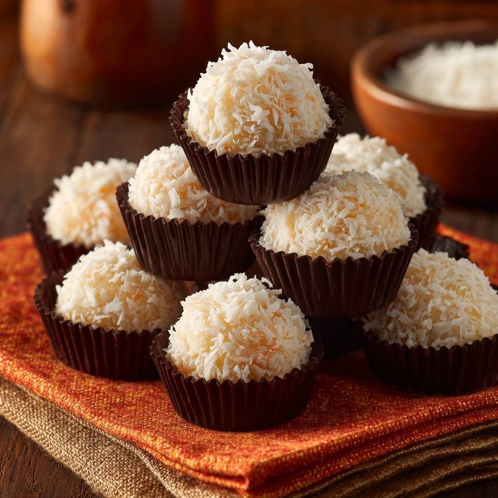 Creamy coconut brigadeiros are stacked in a pyramid formation on an orange napkin, showcasing their shredded coconut coating.