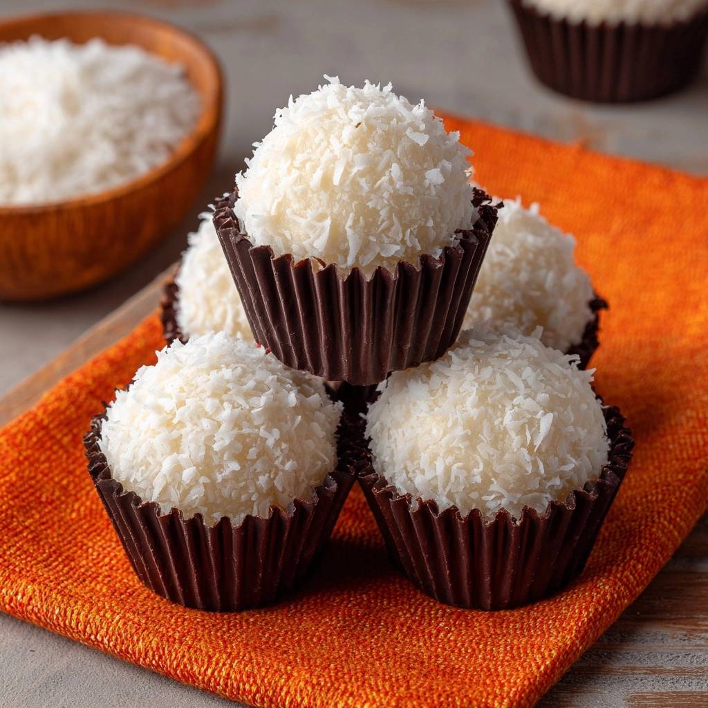Creamy coconut brigadeiros are stacked in dark brown liners on an orange napkin, with a bowl of shredded coconut in the background.