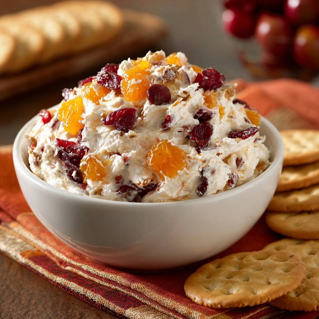 Creamy cranberry apricot cheese spread served in a white bowl and topped with dried fruit and nuts, with crackers.