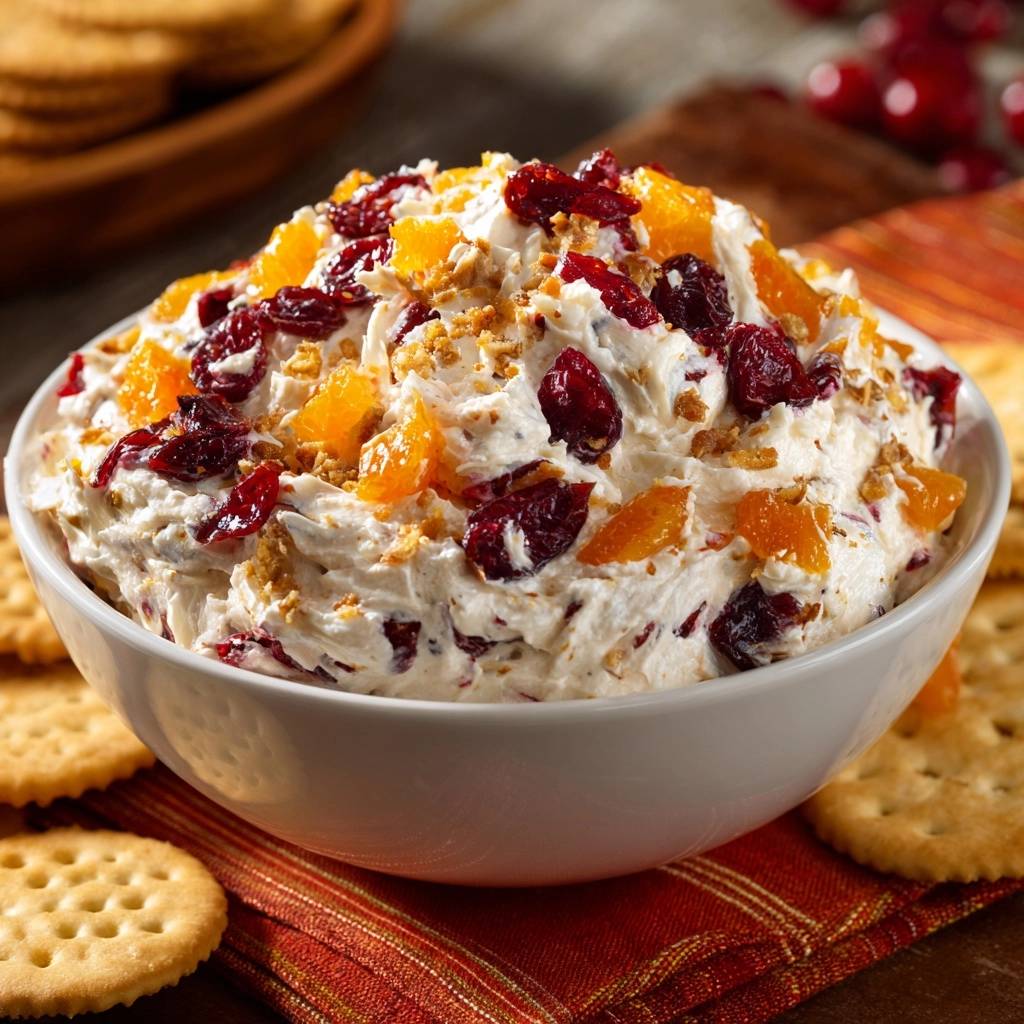 Creamy cranberry apricot cheese spread topped with dried cranberries, diced apricots, and crumbs, served in a white bowl with crackers.