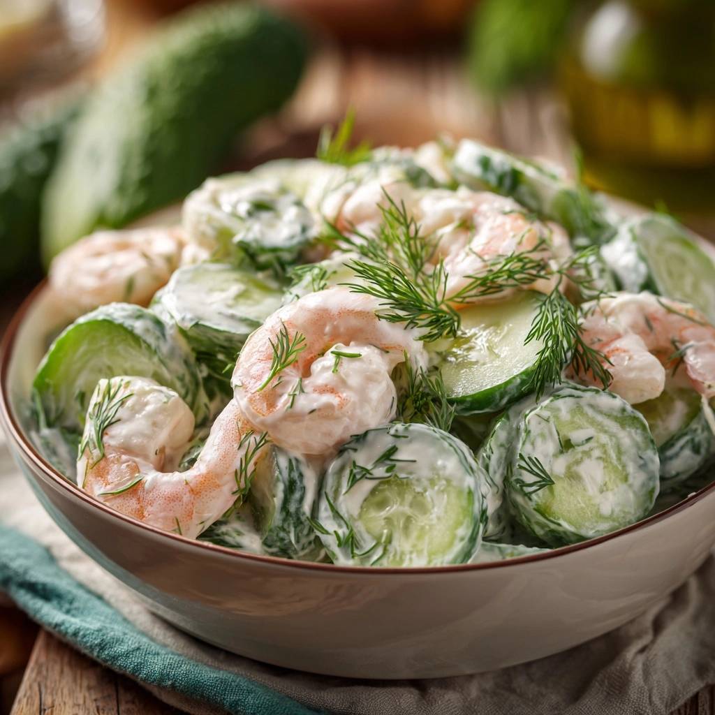 Creamy dill shrimp and cucumber salad served in a bowl, featuring a close-up view of the fresh ingredients and creamy dressing.
