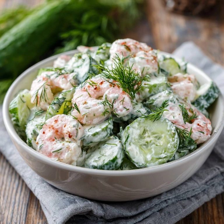 Creamy dill shrimp and cucumber salad served in a white bowl, generously garnished with fresh dill.