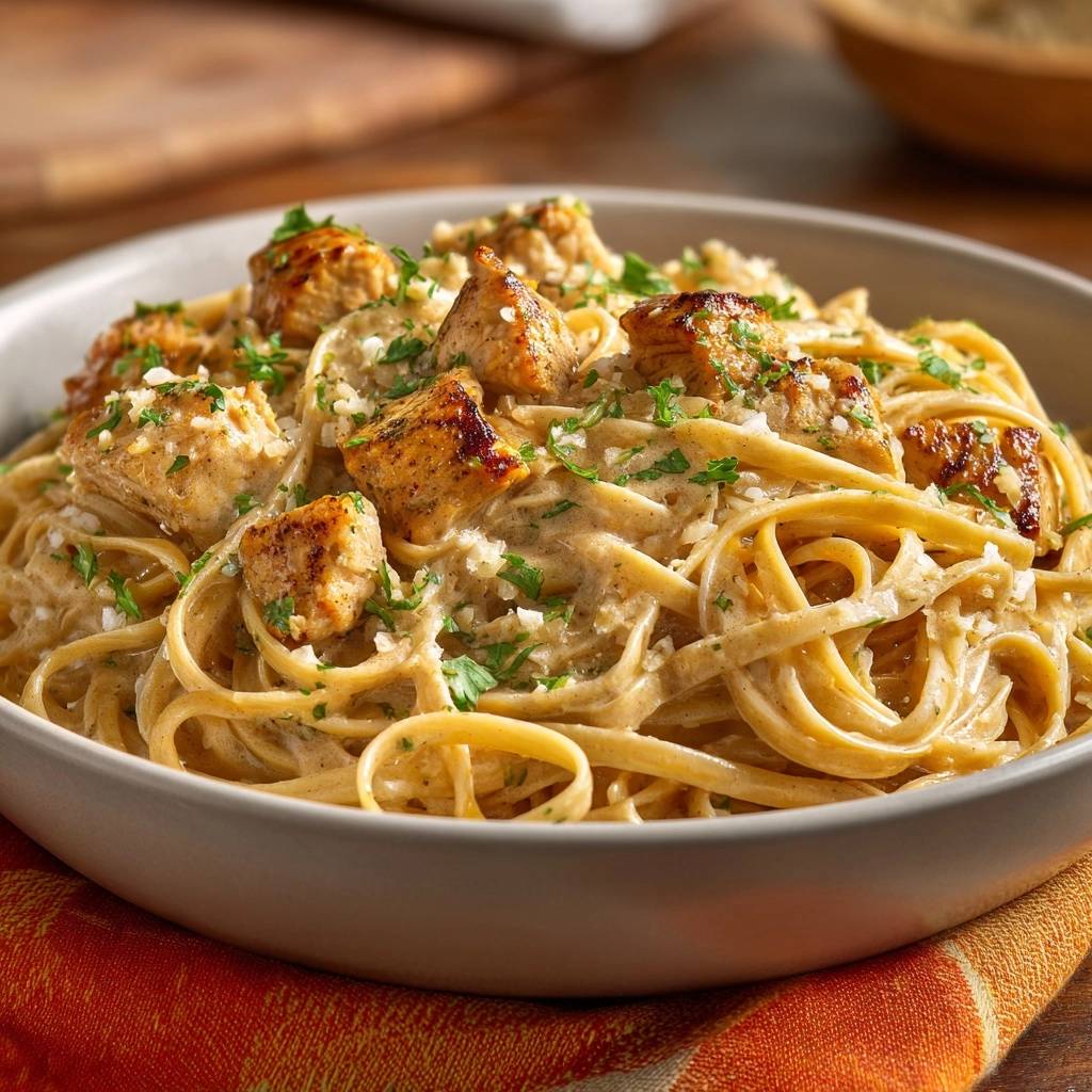 Creamy garlic chicken linguine emulsion shown in a close-up view within a bowl, garnished with parsley and cheese.