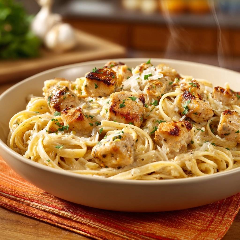 Creamy garlic chicken linguine emulsion presented in a bowl with steam rising, showcasing tender chicken pieces and linguine pasta.