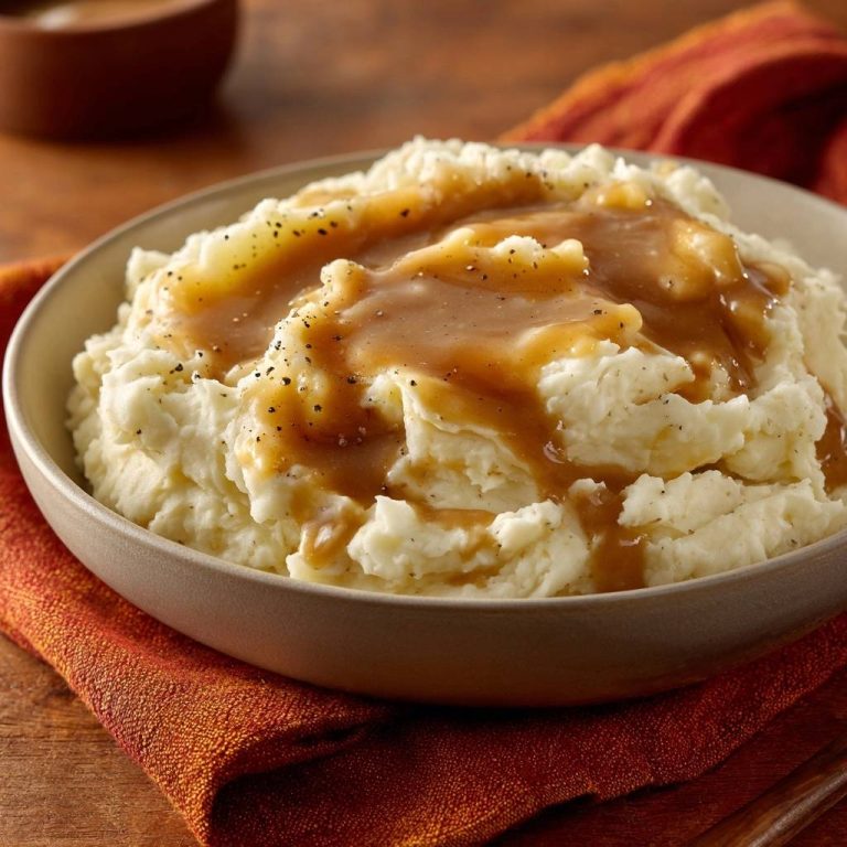 Creamy garlic mashed potatoes and gravy served in a bowl, topped with black pepper and a close-up view.