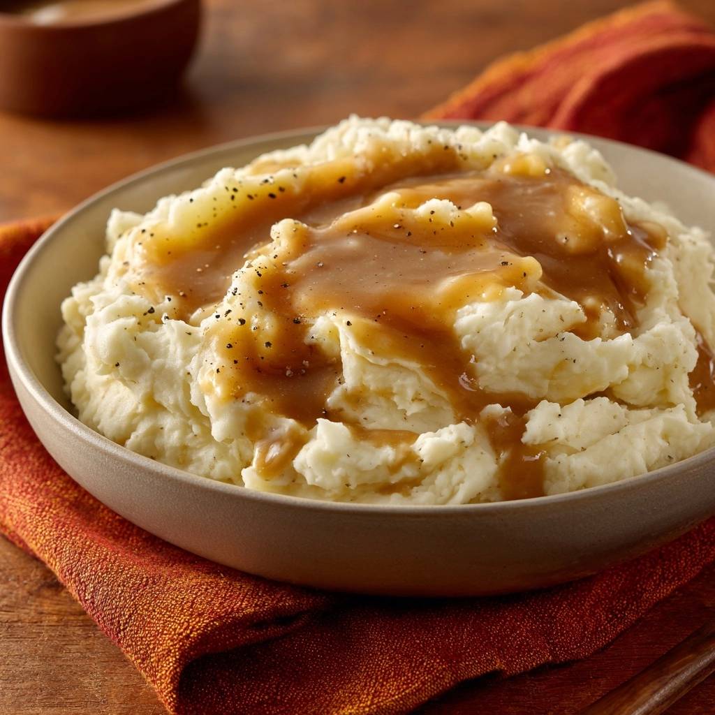 Creamy garlic mashed potatoes and gravy served in a bowl, topped with black pepper and a close-up view.