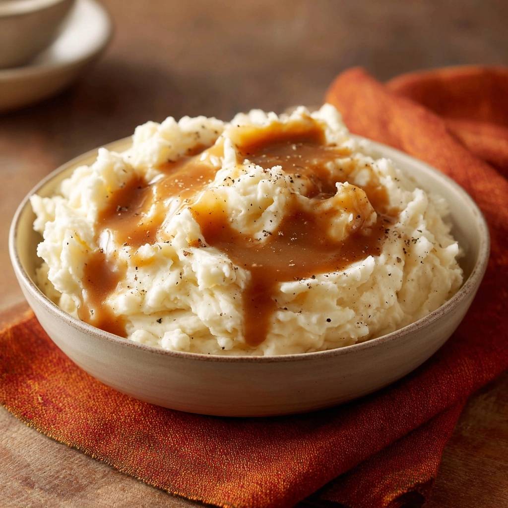 Creamy garlic mashed potatoes and gravy served in a bowl, showing a close-up view of the texture and drizzled topping.
