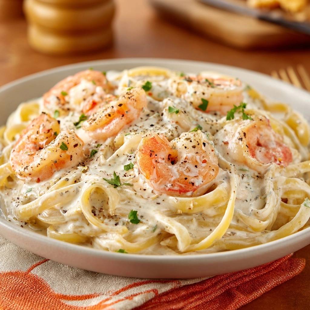 Creamy garlic shrimp pasta with tender, juicy shrimp and fettuccine, presented in a close-up view.