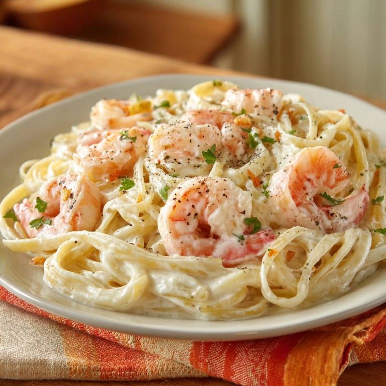 Creamy garlic shrimp pasta with tender, juicy shrimp served on a white plate with a close-up view.