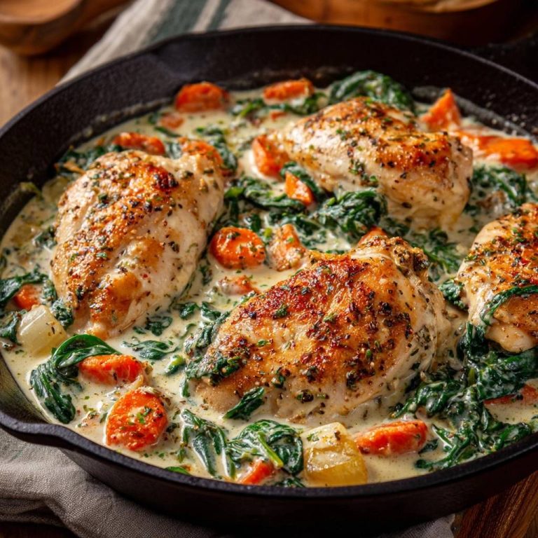 Creamy garlic spinach chicken in a cast iron skillet, showing tender chicken breasts and vibrant greens in a rich sauce.