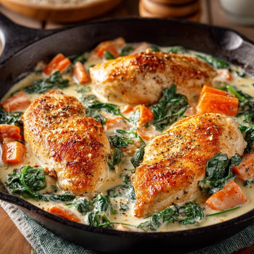 Creamy garlic spinach chicken in a cast iron skillet, showcasing tender chicken breasts with a rich sauce and vibrant vegetables.