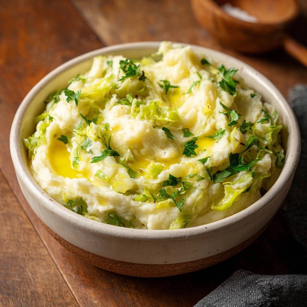 Creamy leek mashed potatoes recipe shown in a rustic bowl, topped with melted butter and fresh parsley garnish.