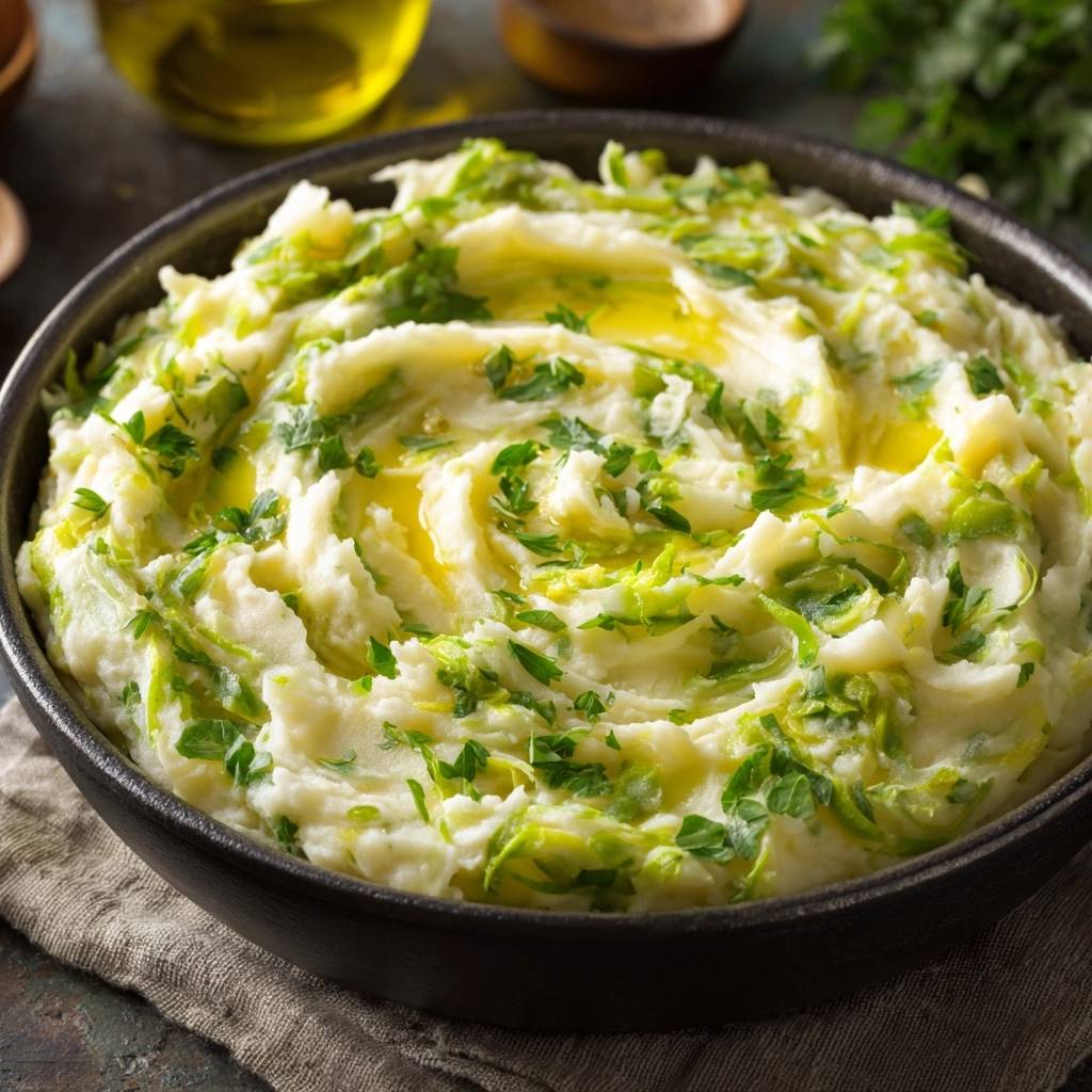 Creamy leek mashed potatoes recipe shown in a close-up with fresh parsley and melted butter garnish.