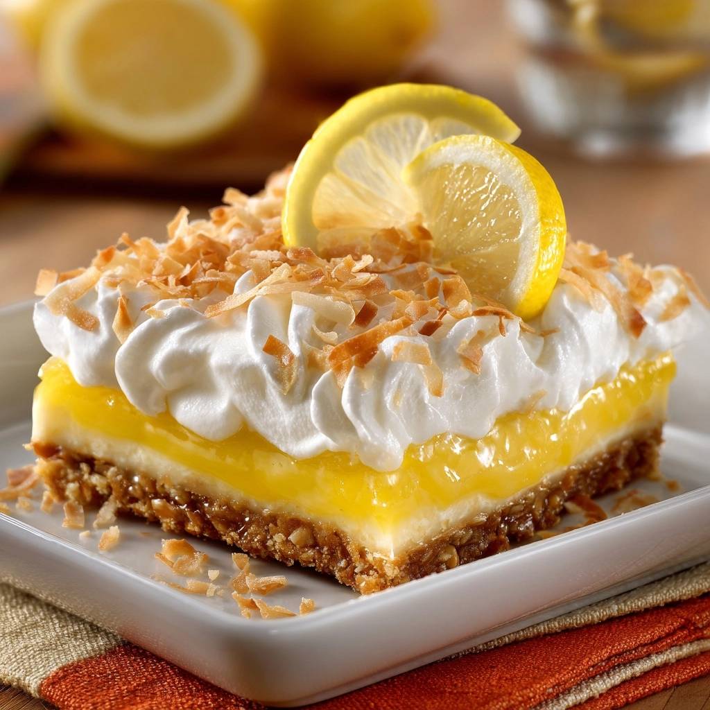 Creamy lemon coconut bars with a crisp crust, shown in a close-up cross-section topped with whipped cream, toasted coconut, and lemon slices.