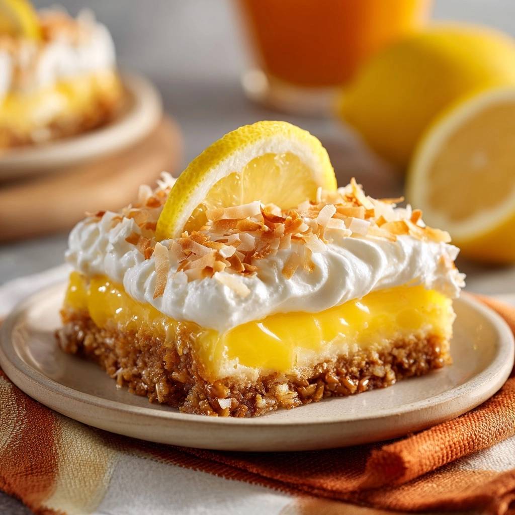 Creamy lemon coconut bars with a crisp crust, shown as a single plated slice topped with whipped cream and toasted coconut.