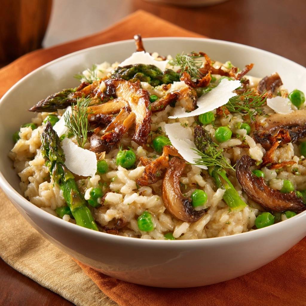 Creamy mushroom asparagus pea risotto served in a white bowl, showcasing a close-up detail of the ingredients and garnish.