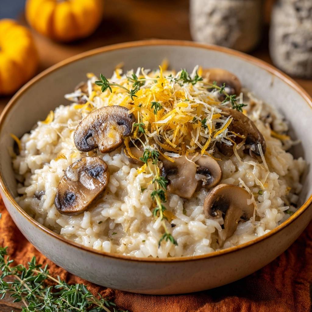 Creamy mushroom risotto with thyme and orange zest, garnished with shredded cheese and fresh herbs in a bowl.