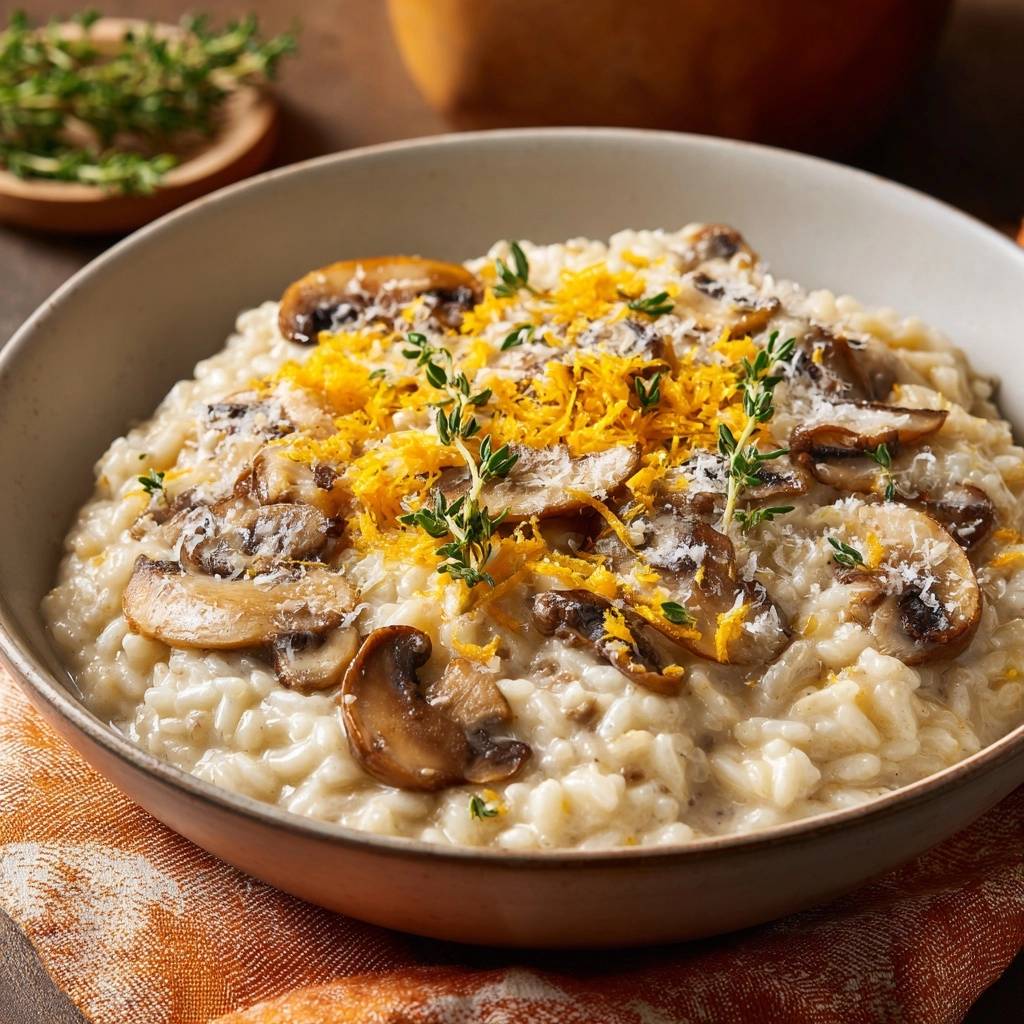 Creamy mushroom risotto with thyme and orange zest, shown in a close-up with visible garnishes and texture.