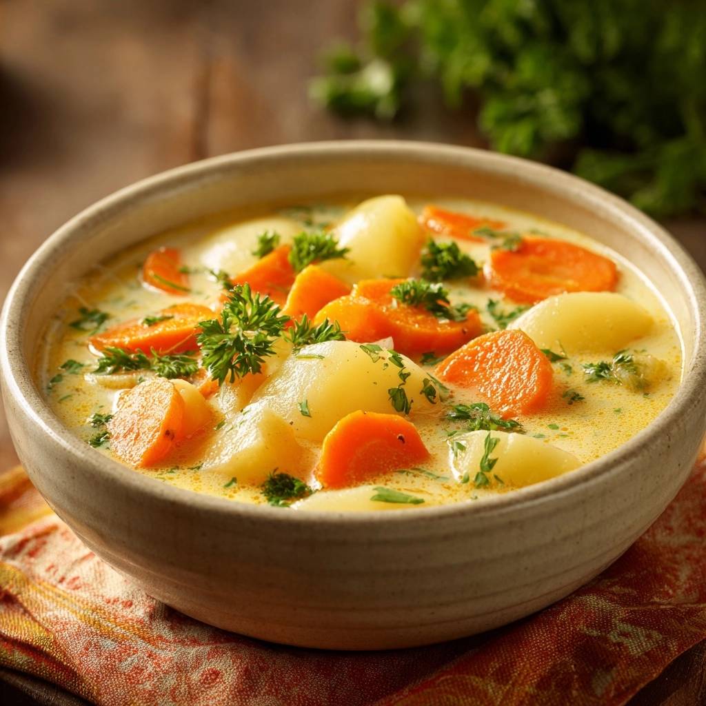Creamy potato and carrot medley in a rustic bowl, garnished with fresh parsley, showcasing a comforting close-up view.