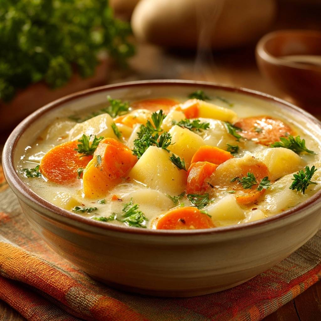 Creamy potato and carrot medley served steaming in a rustic bowl, garnished with fresh parsley.