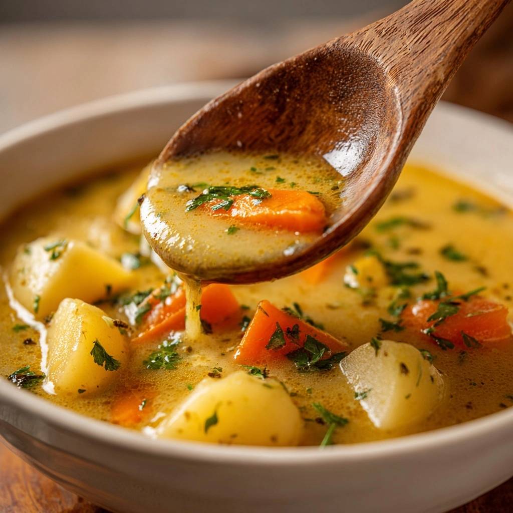 Creamy potato carrot soup with a wooden spoon lifting a spoonful, showing the smooth texture and visible carrots and potatoes.