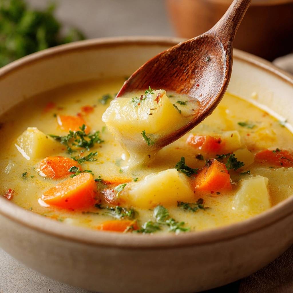 Creamy potato carrot soup with a wooden spoon lifting a spoonful, showing the smooth texture and chunks of vegetables.