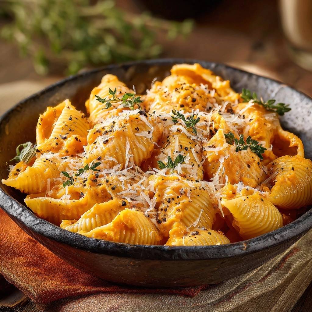 Creamy pumpkin shell pasta with a garnish of fresh thyme and grated cheese in a dark bowl.