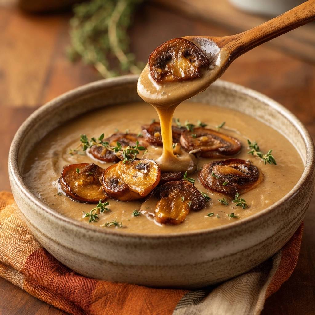 Creamy roasted mushroom soup with a spoonful being poured, garnished with roasted mushroom slices and thyme.