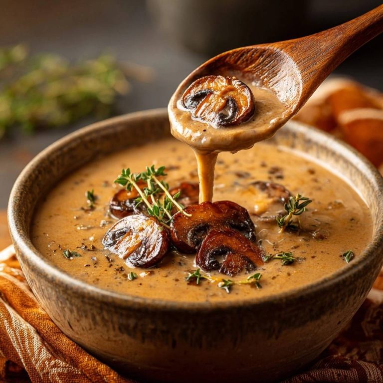 Creamy roasted mushroom soup being poured from a wooden spoon into a rustic bowl with sliced mushrooms and thyme.