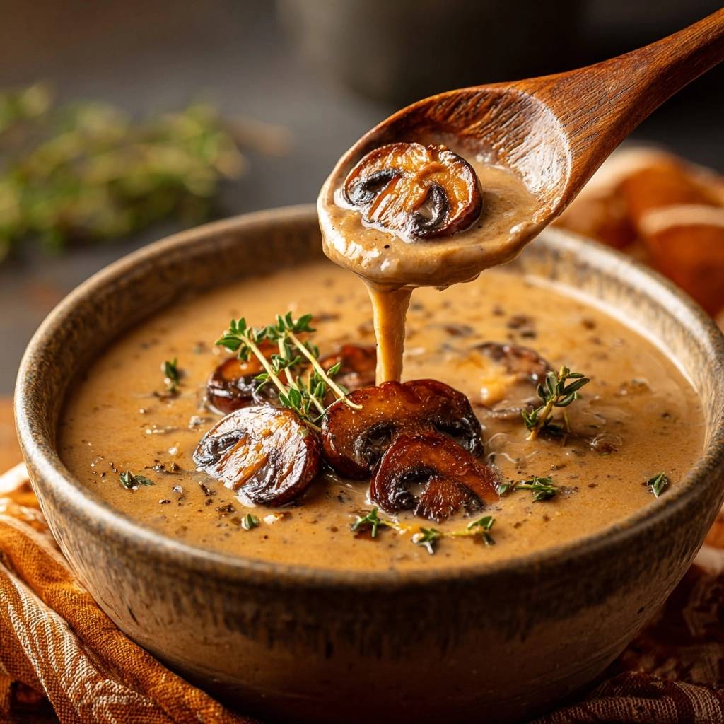 Creamy roasted mushroom soup being poured from a wooden spoon into a rustic bowl with sliced mushrooms and thyme.