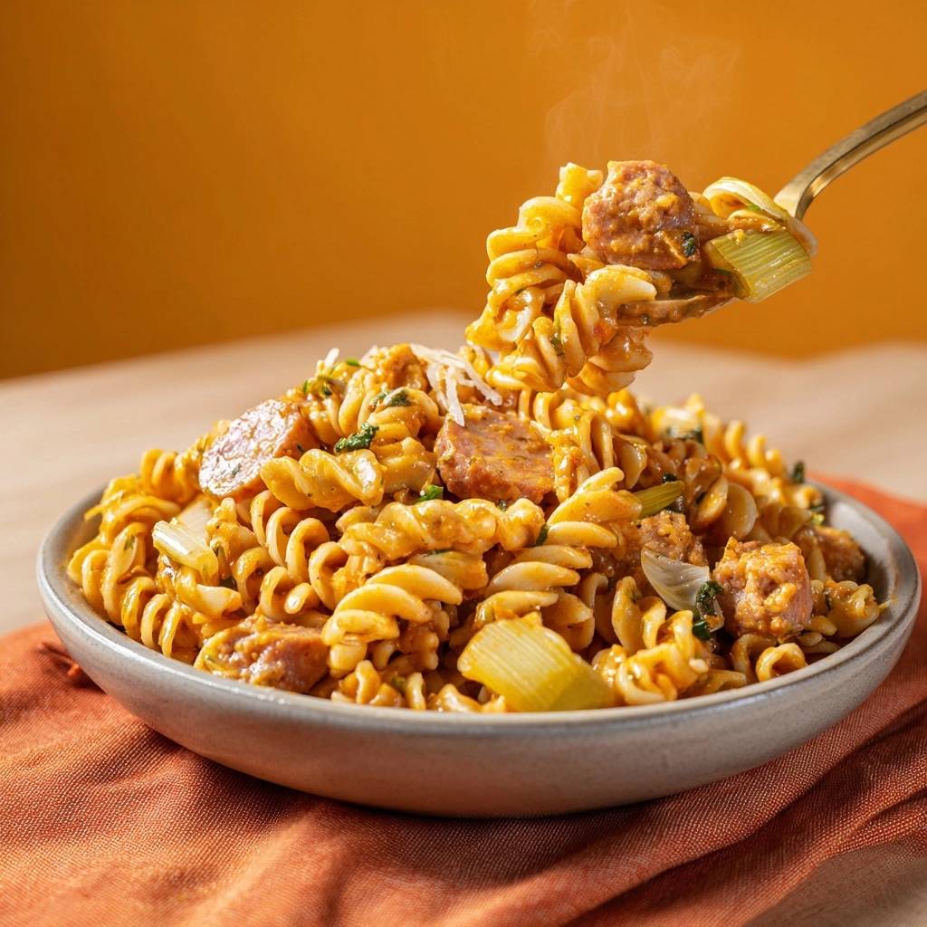 Creamy sausage leek fusilli being scooped onto a fork, showing steaming pasta and ingredients.