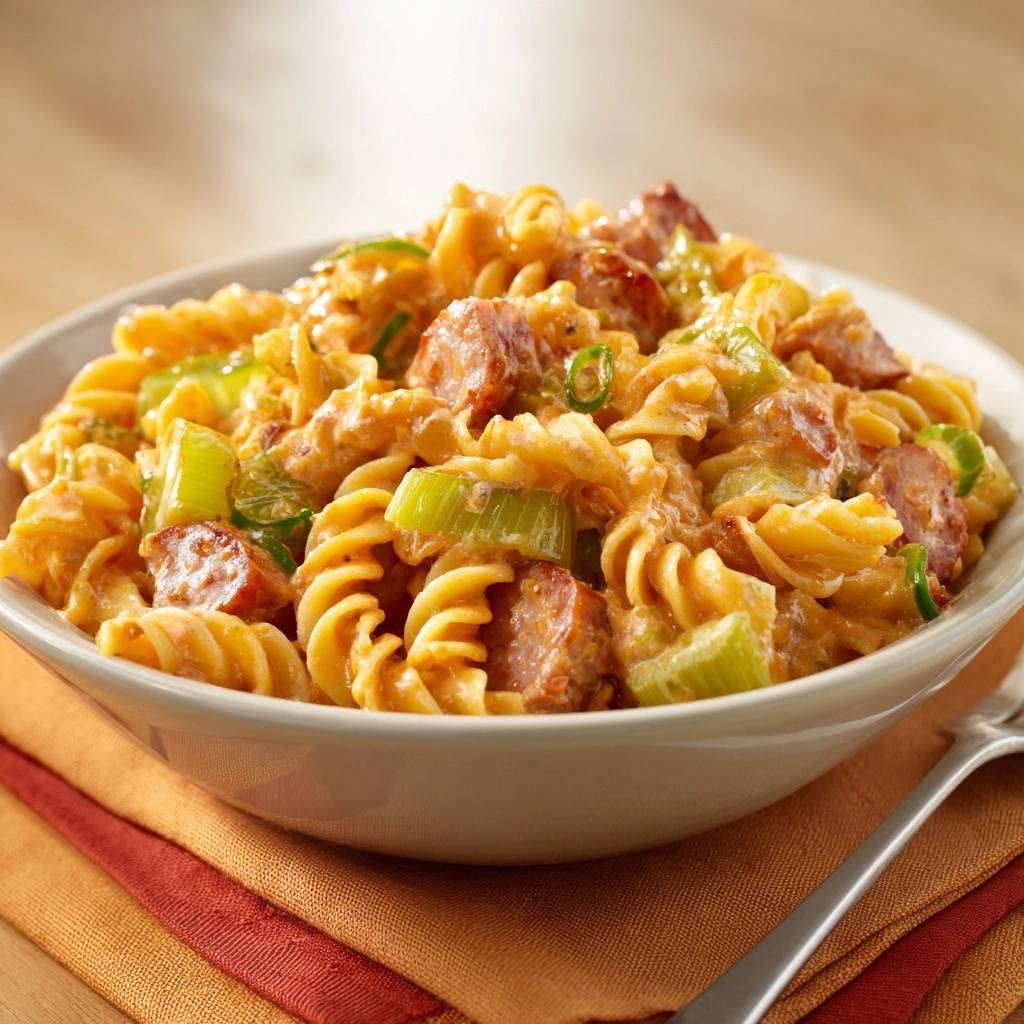 Creamy sausage leek fusilli served in a white bowl, showcasing a close-up side view of the pasta and ingredients.
