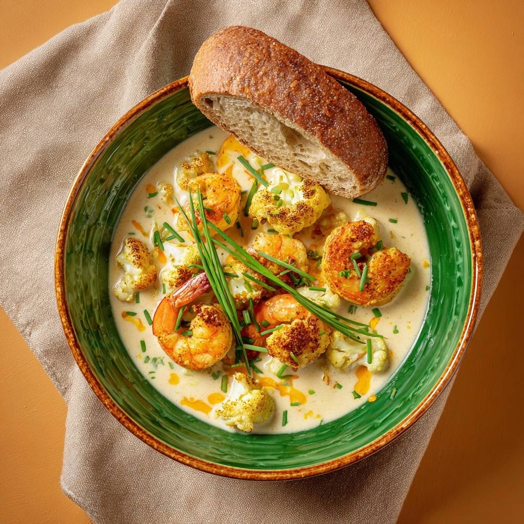 Creamy shrimp cauliflower bowl served in a green bowl with a slice of bread and chives garnish, seen from overhead.