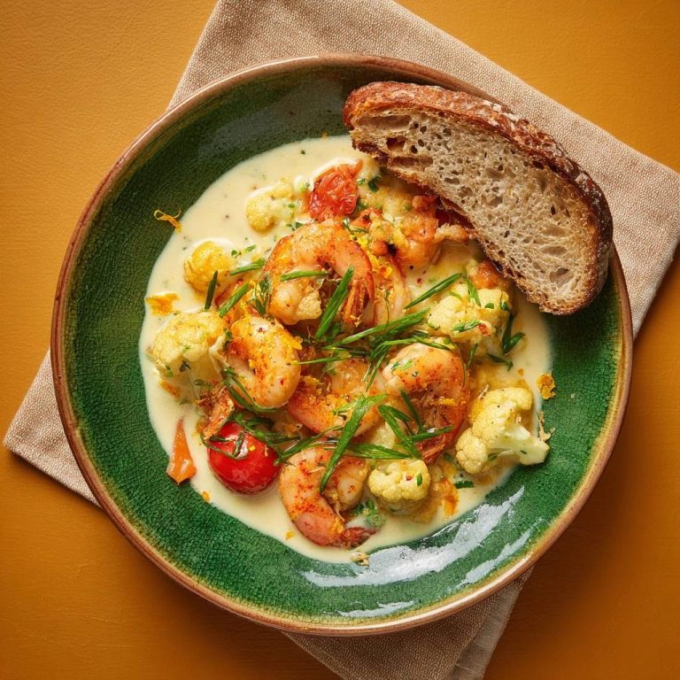 Creamy shrimp cauliflower bowl plated overhead with a slice of bread and garnished with chives.
