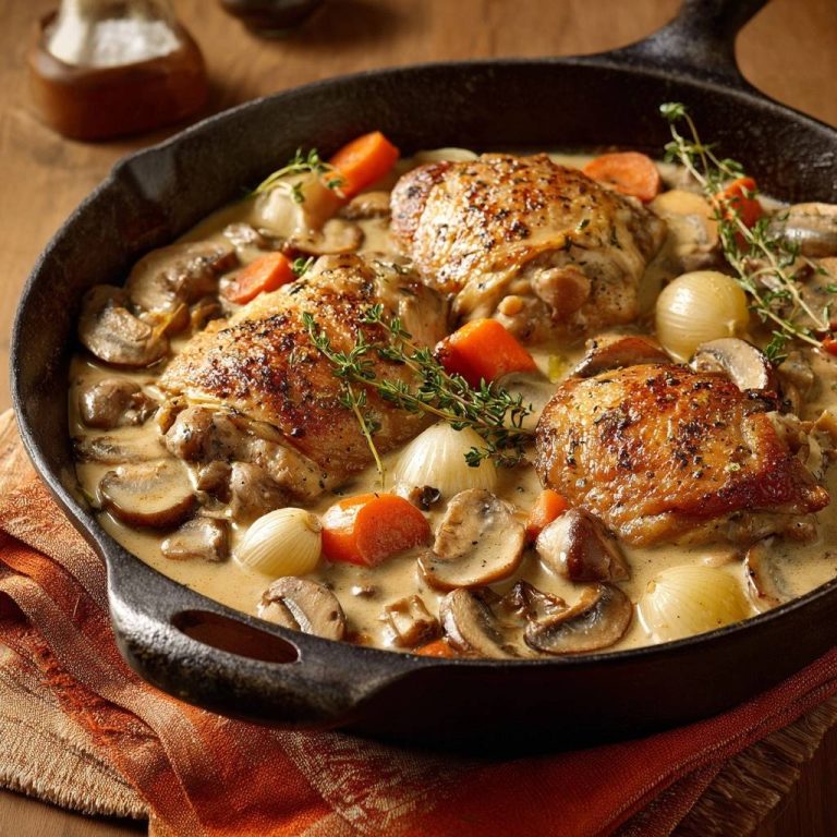 Creamy skillet chicken thighs with mushrooms, carrots, and pearl onions served in a cast iron dish.