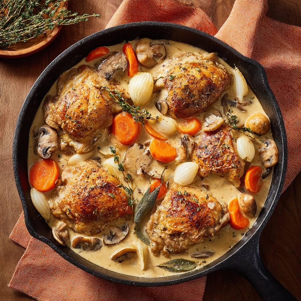 Creamy skillet chicken thighs with mushrooms, carrots & pearl onions served in a cast iron pan, overhead view.
