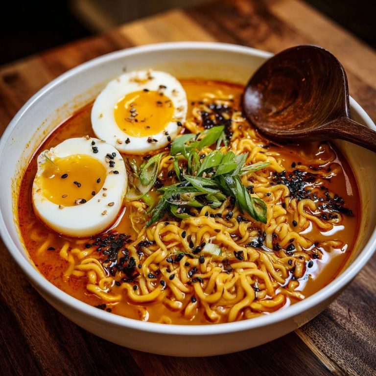 Creamy spicy garlic ramen with two perfectly halved soft-boiled eggs and sesame seeds, garnished with scallions.
